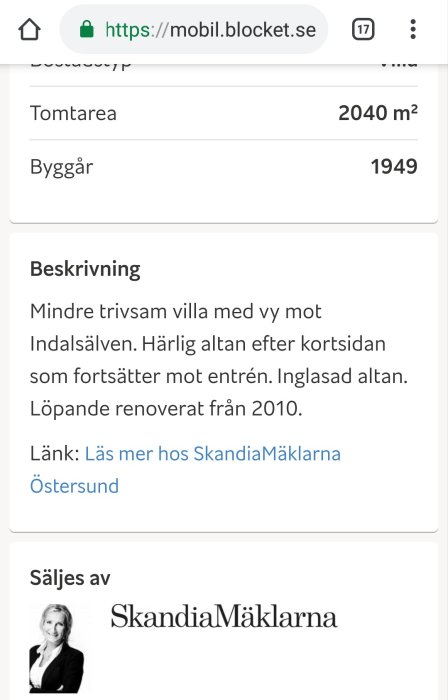 Skärmdump från Blocket med villaannons, beskrivning och mäklarlogotyp.