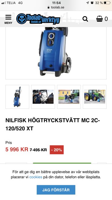 Nilfisk högtryckstvätt MC 2C-120/520 XT på försäljningssida med pris och rabatterad information.