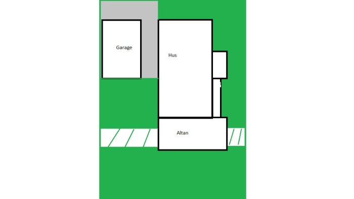 Schematisk översiktsbild av en tomt med markerat hus, garage, altan och områden med lutning.