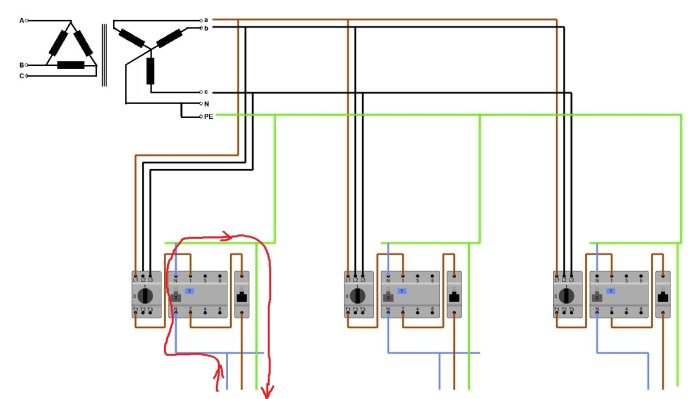 Schematisk elritning som visar potentiell DC-strömväg mellan noll och skyddsjord i en elinstallation.