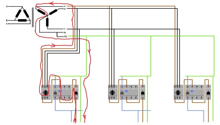 Elektriskt schemas över DC läckström mellan fas och jord markerad med röda pilar genom komponenter och kablar.