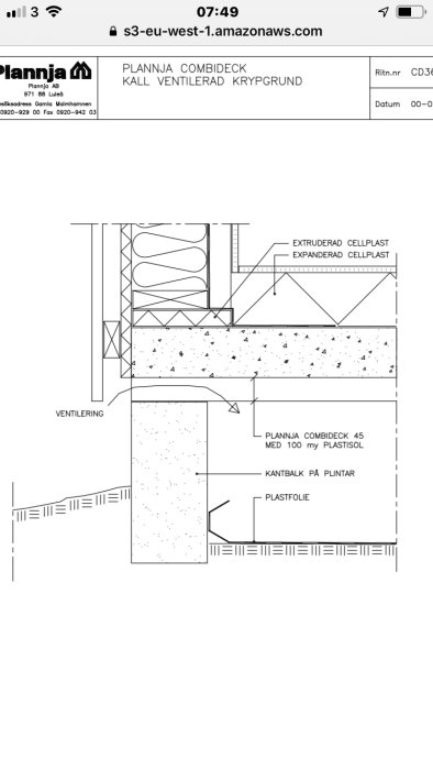 Teknisk ritning av Plannja Combideck-system för kall ventilerad krypgrund inklusive detaljer såsom ventilation och isolering med extruderad cellplast.