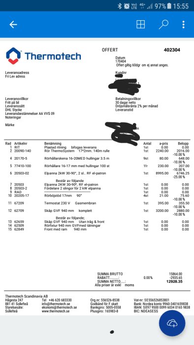 Skärmavbild av en offert från Thermotech med listade artiklar och priser för byggprojekt.