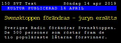 Skärmbild från SVT Text-TV som visar rubrik om förändringar i Svensktoppen.