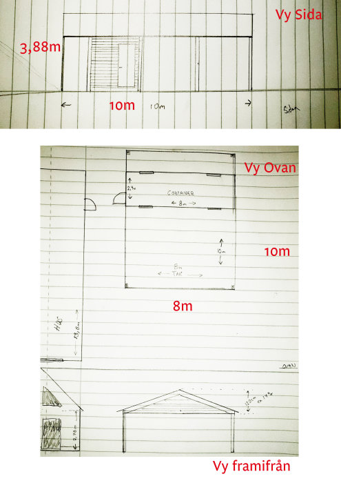 Handritade skisser av en planerad carport för tre bilar och en container, inklusive mått och layout.