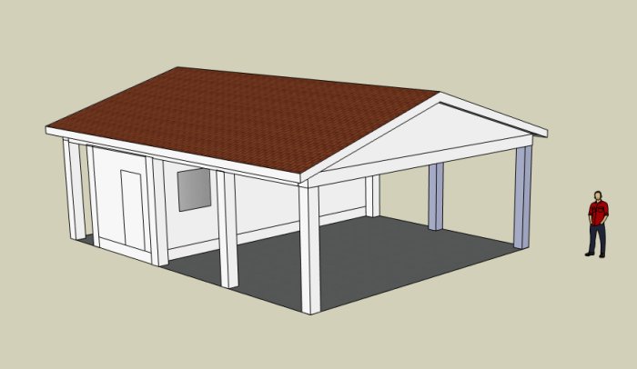 Digital skiss av en carport för tre bilar med container, utan stolpar i mitten, och en figur stående bredvid.