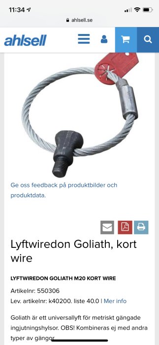 Lyftwiredon Goliath med kort wire och metrisk gänga för balkongmontering.