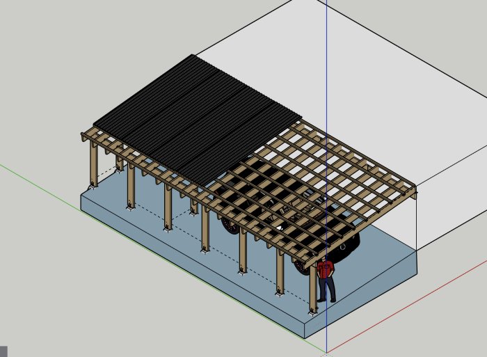 Digital skiss i 3D av en carport modell intill ett garage med lutande tak och strukturvisning.