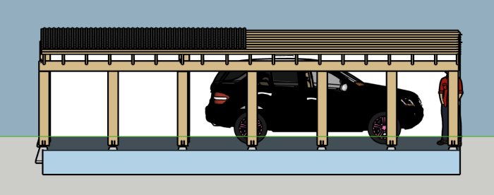 Skiss i SketchUp av en carport med lutande tak och plats för en bil, sju synliga stolpar och en person står intill.