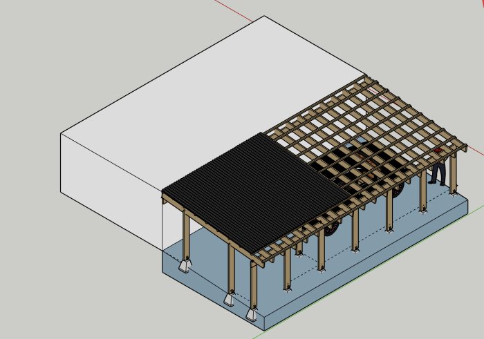 Skiss i 3D av en carport ansluten till en byggnad, visar taklutning, stolpar och bjälklag.