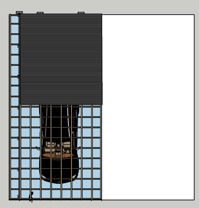 Sketchup-ritning av en planerad carport med förråd, visar lutande tak och stolpars placering.