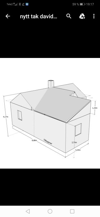 Schematisk ritning av en husfasad med måttangivelser och en tillbyggnad.