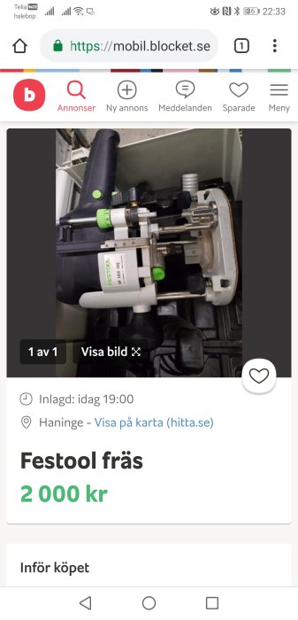 Festool OF 1010 fräsmaskin till salu för 2000 kronor.