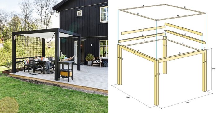 Teknisk ritning av ställning för segeltak och foto av liknande konstruktion uppförd på en altan.