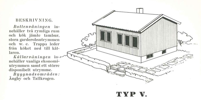 Illustrasjon av et hus av type V i Ängby og Tallkrogen, med beskrivelse av husets etasjer og rom.