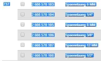 Lista över spännhylsor med olika storlekar på Bosch reservdelssida, från 6mm till 1/2 tum.