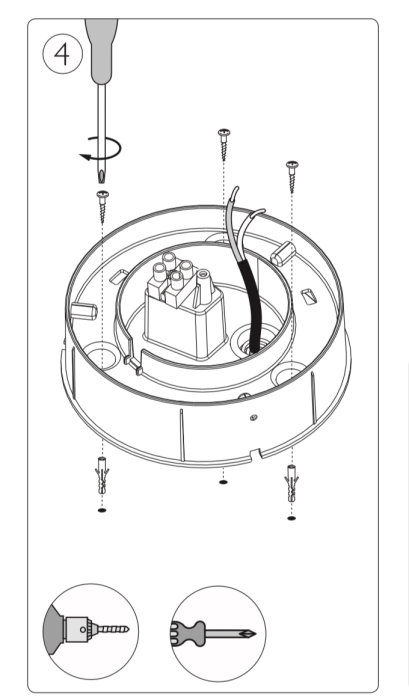 Illustration av installationsguide för eldosbox med verktygsikoner och skruvar samt kabel(rör) som ansluter undertill.