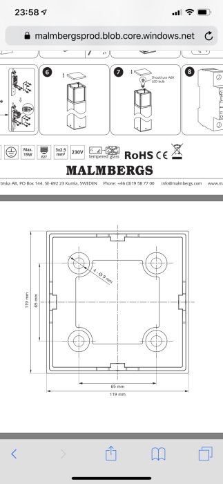 Installationsinstruktioner med mått för pollare från Malmbergs med ikoner för tekniska specifikationer.