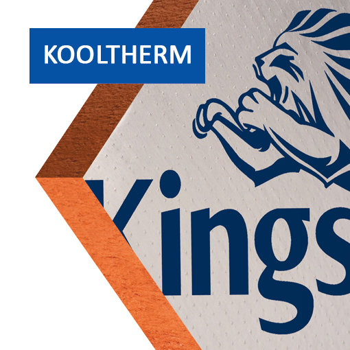Närbild på Kingspan Kooltherm k12 isoleringsmaterial, 70mm tjocklek, logga och varumärke synligt.