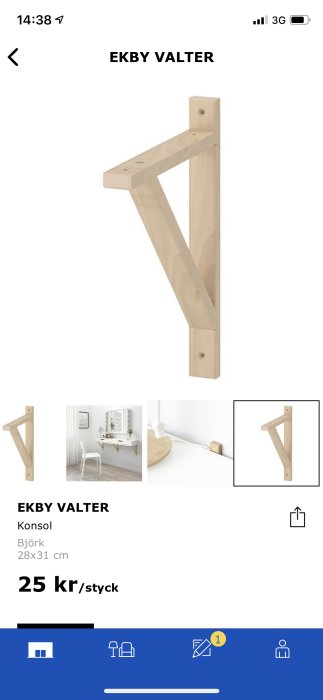 Trähyllkonsol EKBY VALTER i björk, med inspiration för användning i vägg-till-vägg installation.