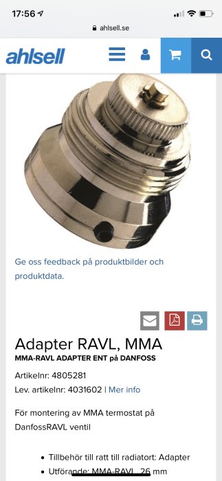 Metallisk adapter RAVL för att montera MMA termostat på Danfoss RAVL ventil.