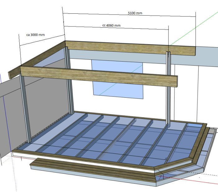 3D-skiss av en altankonstruktion med planerat glastak och dimensioner för balkar och stolpar.
