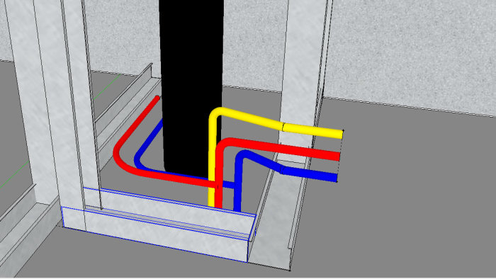3D-modell av tappvattenrör i rött, blått och gult genom en vägg vid badrumsrenovering.
