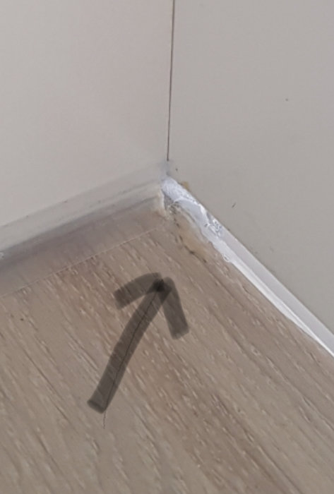 Hörn i rum med synlig fuktskada och mögel på sockel och vägg, nära golv.