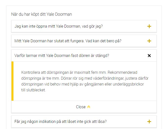 Skärmbild av Yale Doorman's FAQ-sektion med en öppen flik om problem med ljud från låset när dörren är stängd.