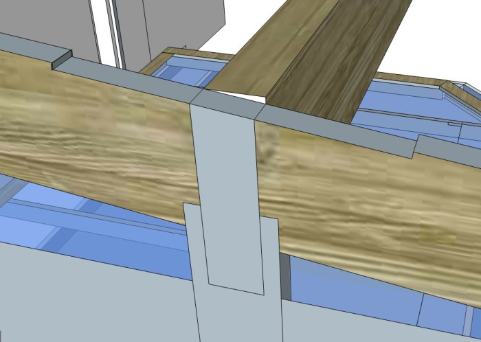 3D-skiss av limträbalkar som möter med föreslagen plattjärnsinfästning i ett takkonstruktionsprojekt.