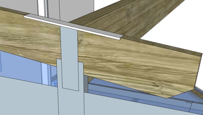 3D-skiss som visar infästning av takbalkar med plattjärn på limträbalk.