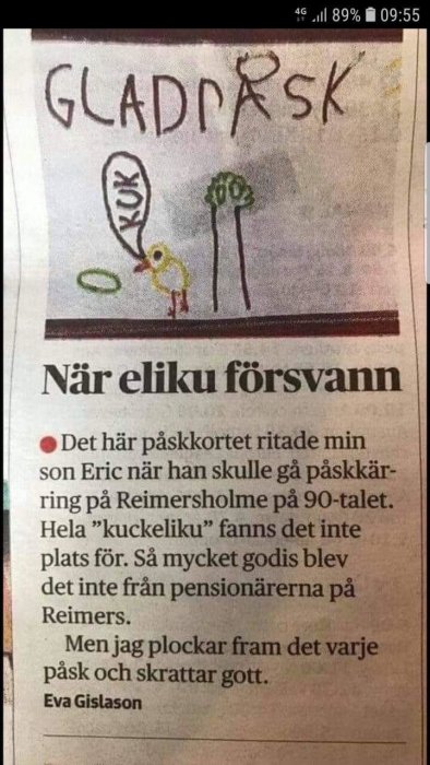 Barnritning av en kyckling och påskägg med texten "GLAD PÅSK" ovanför, urklipp från en tidning.