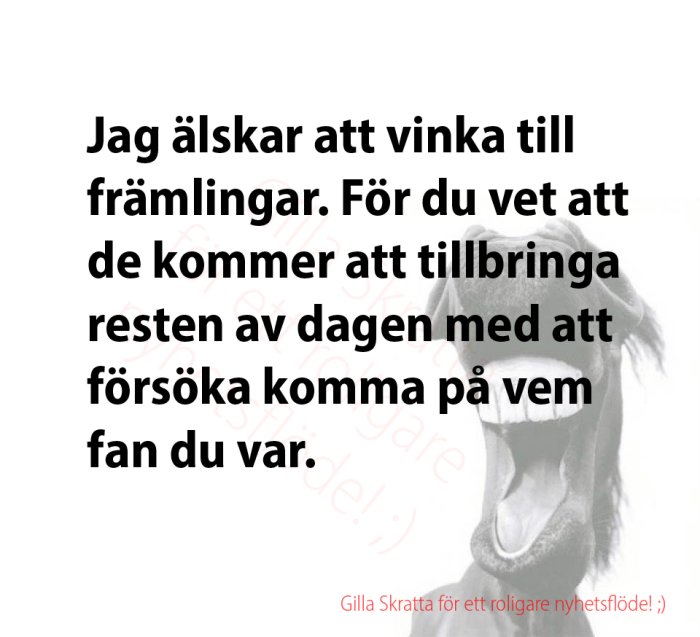 Humoristisk bild av en häst som verkar vinka, med text om att vinka till främlingar för förvirring.