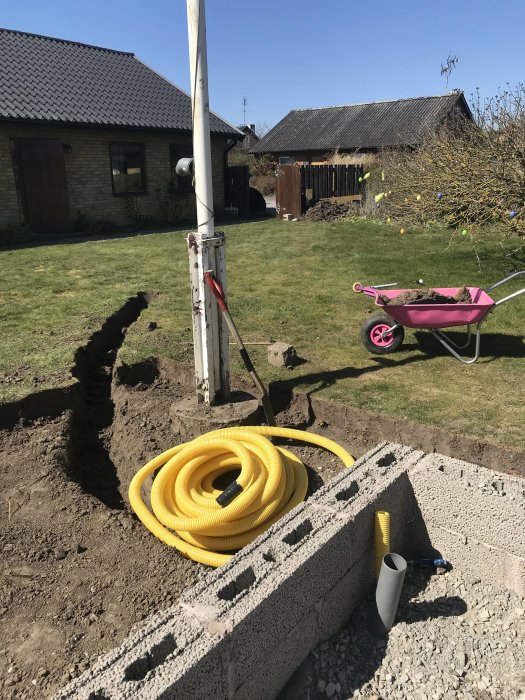 En trädgård med uppgrävd kabelväg och en gul kabelrulle, redo för elinstallation till ett växthus.