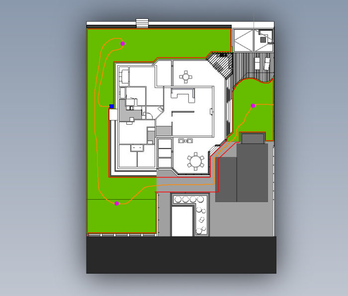 Översiktsplan över en trädgård med gräsmattor och stenläggningar, markerad med planerade begränsnings- och guidekablar för robotgräsklippare.