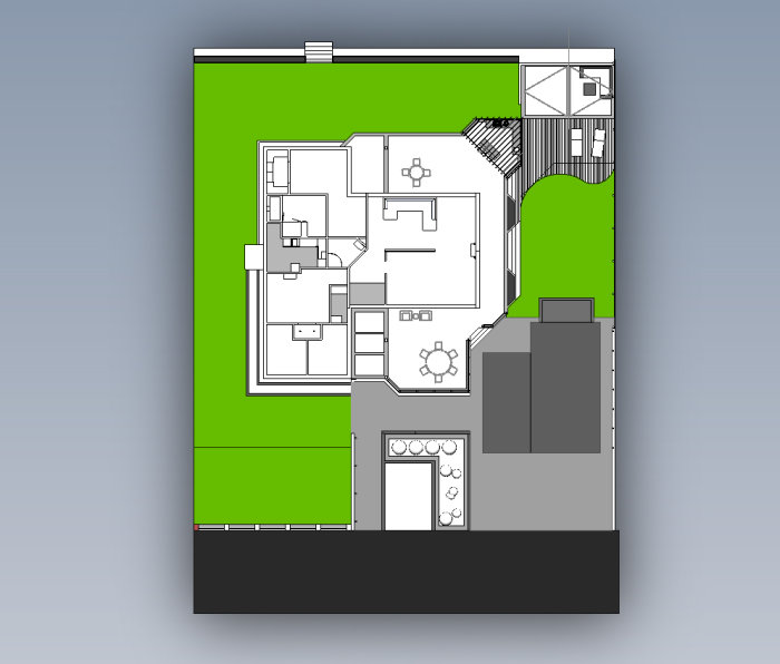 Illustration av tomtplan med grön gräsmatta, husets kontur och stensättning för planering av robotgräsklippers slinga.