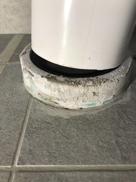 Golvstående IDO Glow 64 toalett ansluten till ett universalvattenlås över en excenter i golvet.