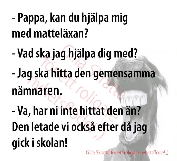 Bild av humoristisk textkonversation om matteläxa med skrattande person.