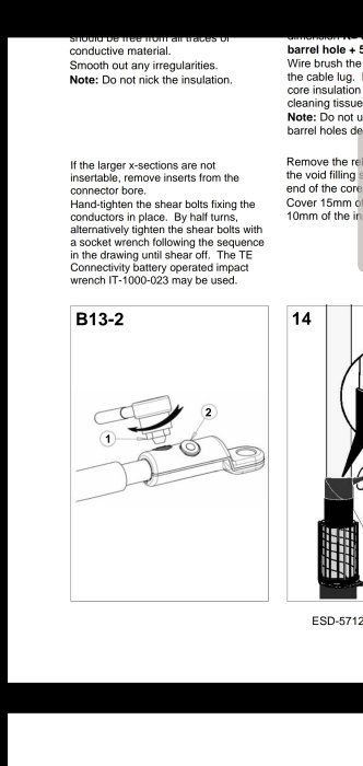Illustration av skruvtightning för kabelförbindning med två komponenter märkta 1 och 2.
