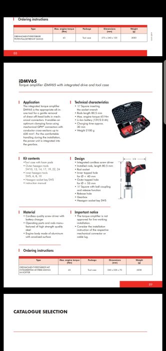 Produktkatalogsida för iMDV65 vridmomentförstärkare med integrerad drivning och verktygsväska, inklusive tekniska specifikationer.