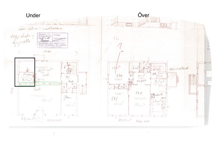 Handritad planritning av ett hus med markerade väggar för potentiell rivning i diskussionstråd om renovering.