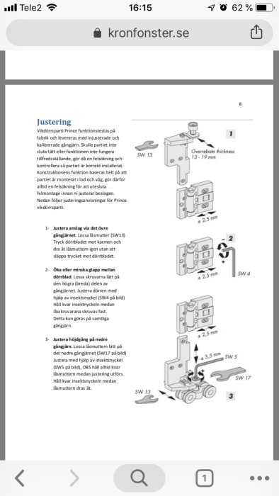Instruktionsdiagram för justering av vikdörrar med specifika verktygsstorlekar och justeringssteg markerade.