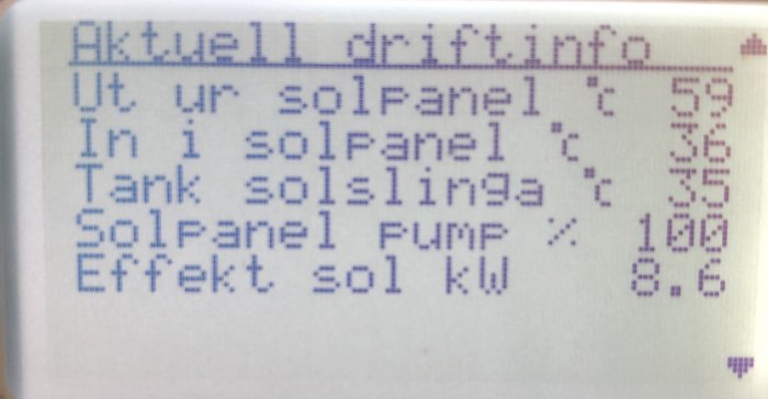 Digital display som visar driftinformation för solpanelssystem, inklusive temperaturer och effekt.