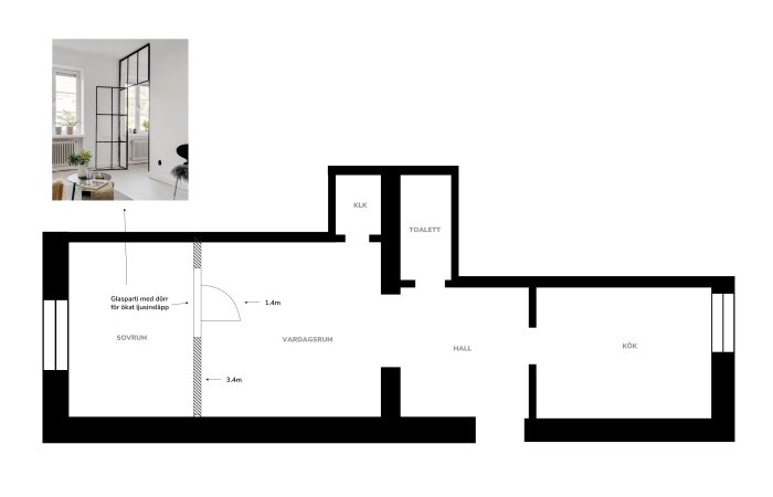 Ritning av lägenhet med planerad sovrumsdelning samt foto av rum med industridörr för ljusinsläpp.
