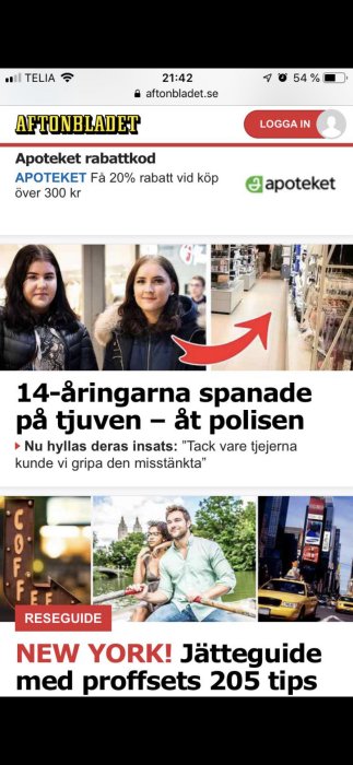 Skärmdump från nyhetsartikel där två unga tjejer framhävs som hjältar efter att ha spårat en tjuv, med rubriker och text.