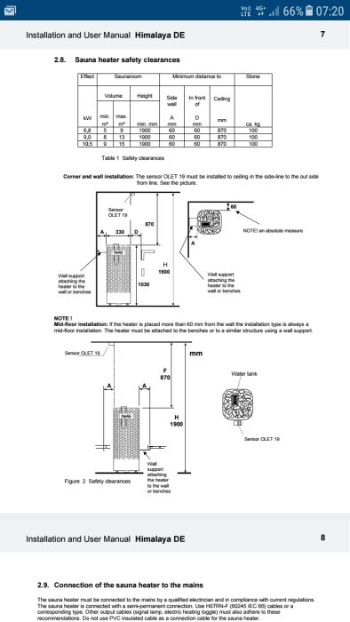 Manualsidor som visar säkerhetsavstånd för bastuaggregatet Himalaya DE och sensorinstallation.