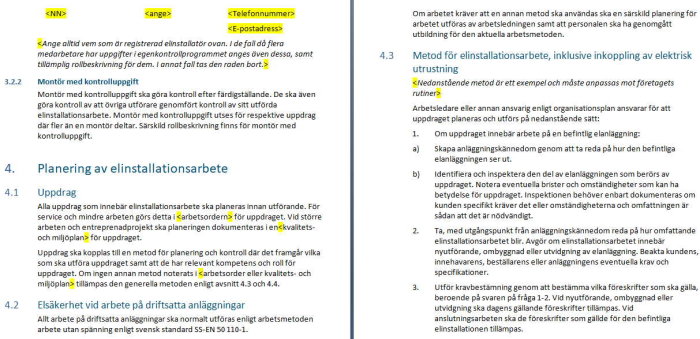 Sida ur handbok för elinstallationsarbete med text och anvisningar markerat med gult.