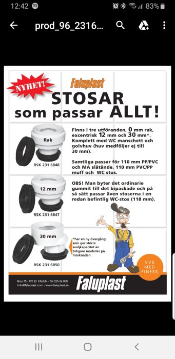 Reklambild för Faluplast WC-stosar i olika utföranden med information och artikelnummer.