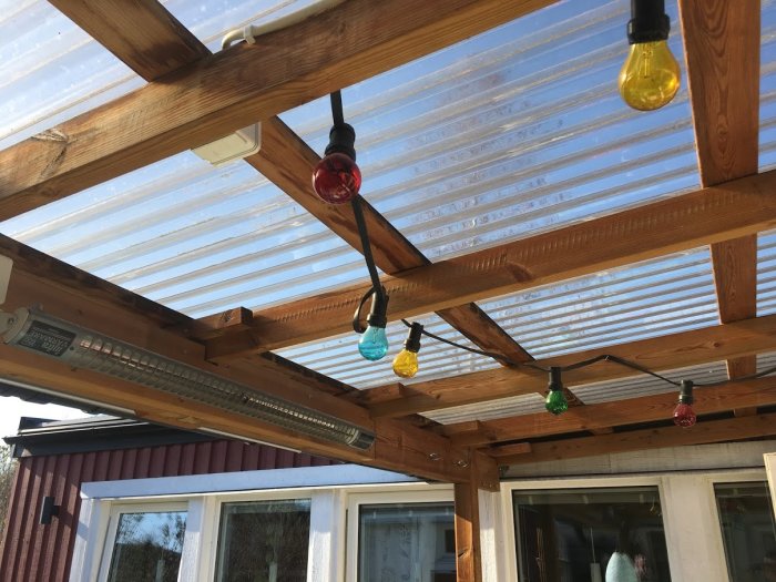 Altantak med genomskinliga skivor, träbjälkar och färgglada utebelysning mot husfasad.