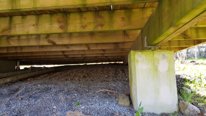 Bild visar en altanregel som vilar på en betongplint, ovanför grus, betraktad underifrån.